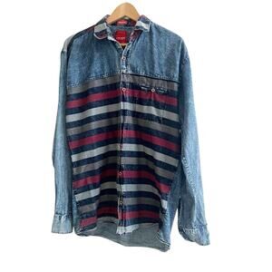 Hard Rock Muscle Fit Button Down Shirt Y2K Striped Acid Wash Size XL Patriot